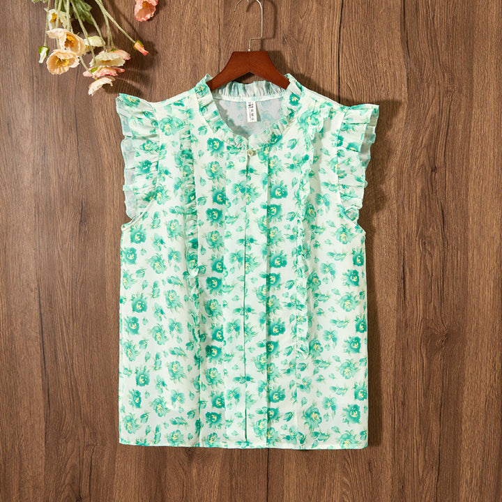 Sleeveless Ruffled Floral Women's Loose Sweet Chiffon Printed Top - Trendex