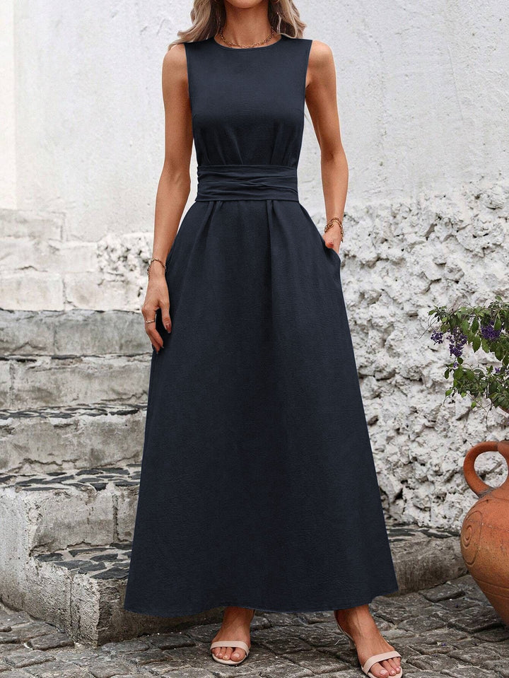 Women's Solid Color Round Neck Sleeveless Loose Casual Dress - Trendex