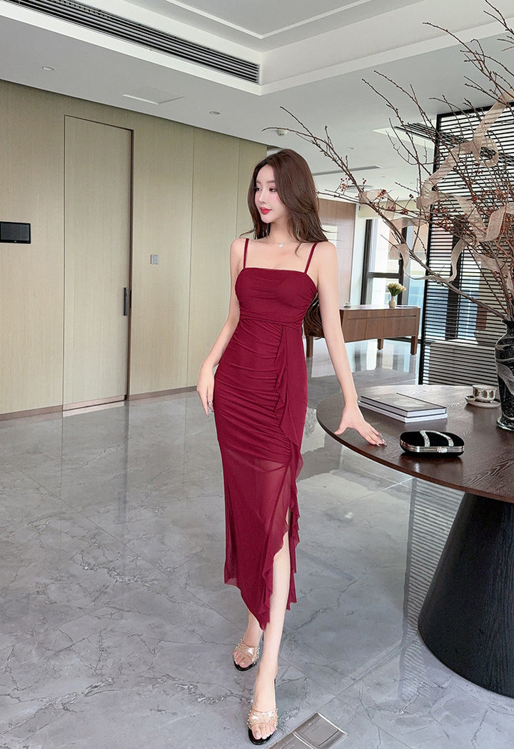 Sexy Long Mesh Hip Spaghetti Straps Design Sense Dress - Trendex