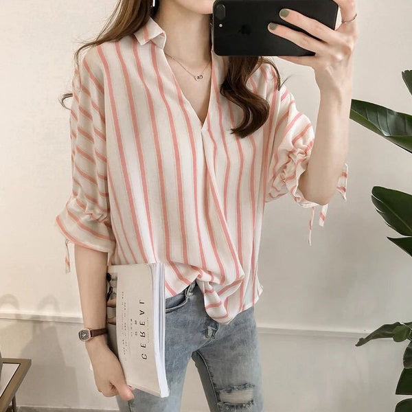 Lace-up Three-quarter Sleeve Striped Shirt For Women - Trendex