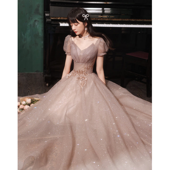 HOOR Women Luxury Puff Sleeve Backless Shiny Prom Gown - Trendex