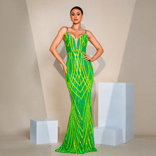 V-neck Strap Sequined Fishtail Evening Dress - Trendex