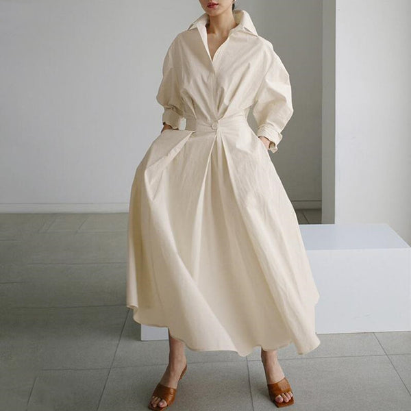 Temperament Commuter Cotton Hemp Clean Color Flip Collar POLO Collar Shirt Sleeves Elastic Waist Big Swing Dress - Trendex