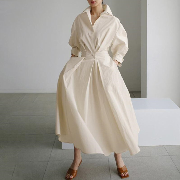Temperament Commuter Cotton Hemp Clean Color Flip Collar POLO Collar Shirt Sleeves Elastic Waist Big Swing Dress - Trendex