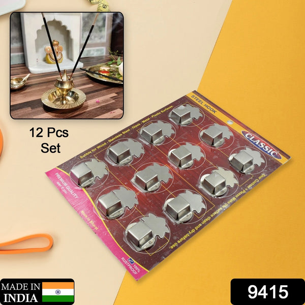 9415 Stainless Steel Agarbatti Stand Agarbatti Holder Stand Self Adhesive Wall Mounted Stand Wall Hook Capacity To Hold 3 Agarbatti - Pack Of 12 Hooks - Trendex