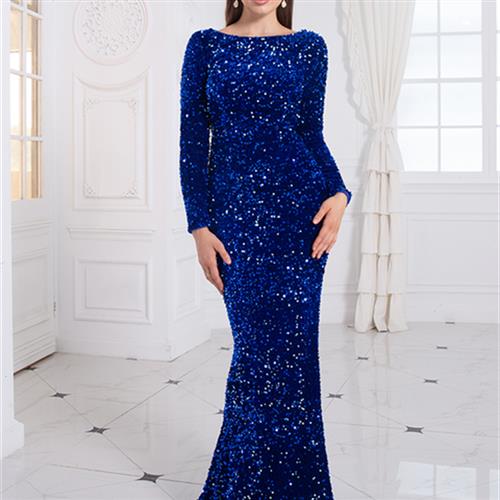 Women Modest Stretch Sequin Royal Blue Evening Prom Gown Party - Trendex