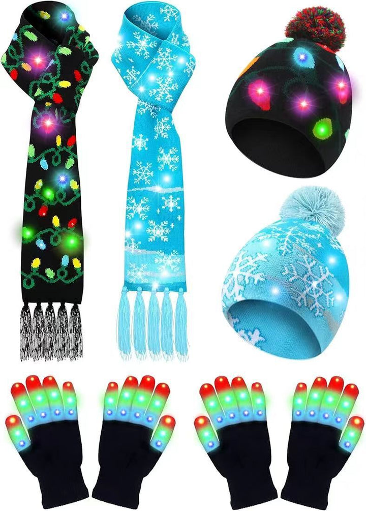 LED Christmas Knitted Hat Scarf Gloves Three-piece Set - Trendex