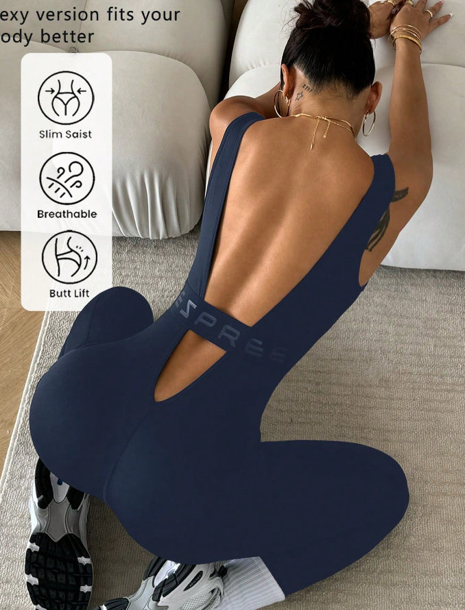Shoulder Strap Bare Back Letter One-piece Ankle Banded Pants - Trendex