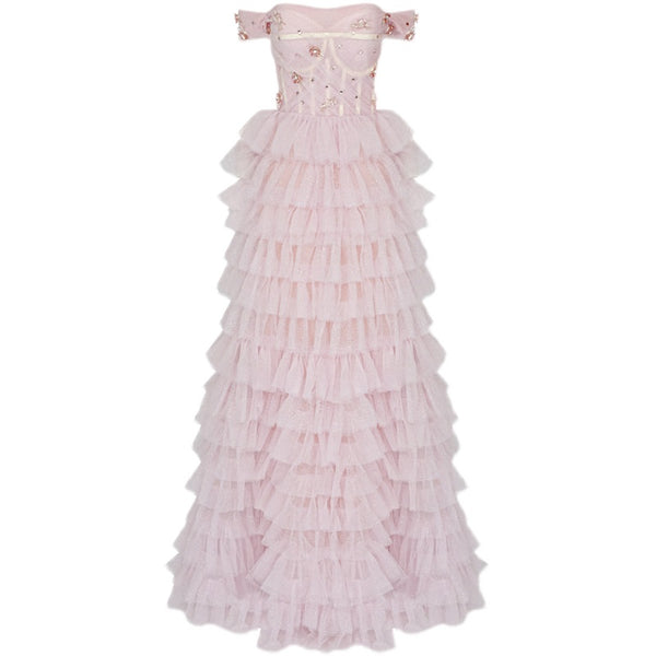 One-line Shoulder Wipe Chest Princess Studded Beaded Cake Skirt Pink Wedding Dress - Trendex