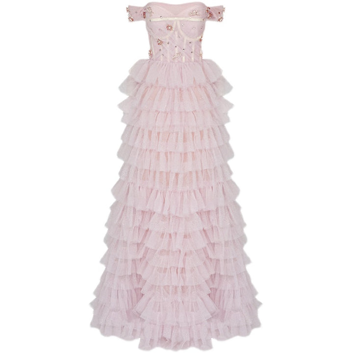 One-line Shoulder Wipe Chest Princess Studded Beaded Cake Skirt Pink Wedding Dress - Trendex