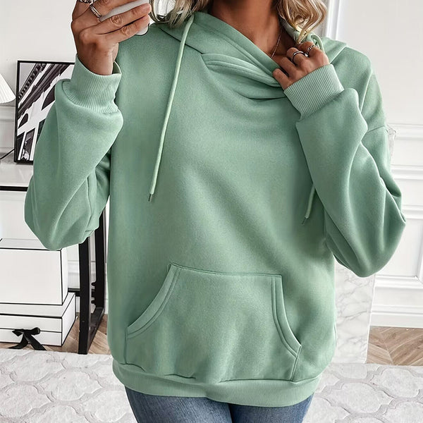 Solid Color Hooded Drawstring Front Pocket Long Sleeve Sweater - Trendex