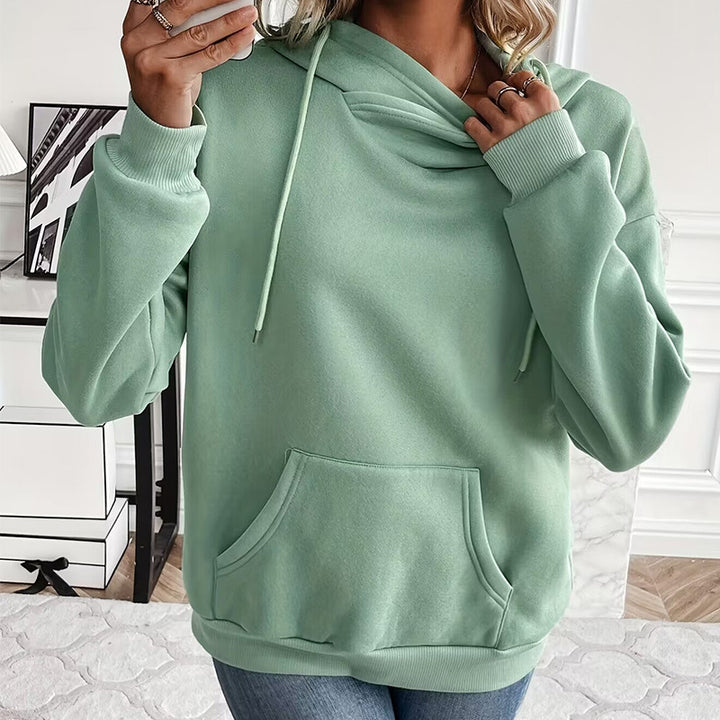Solid Color Hooded Drawstring Front Pocket Long Sleeve Sweater - Trendex