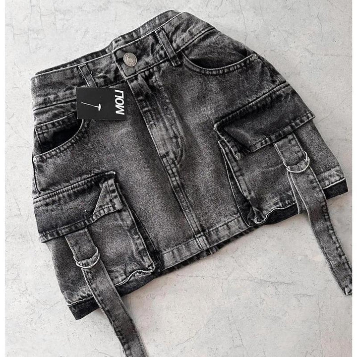 Multiple Pockets Denim Plaid Skirt Vintage Goth Black Y2k - Trendex
