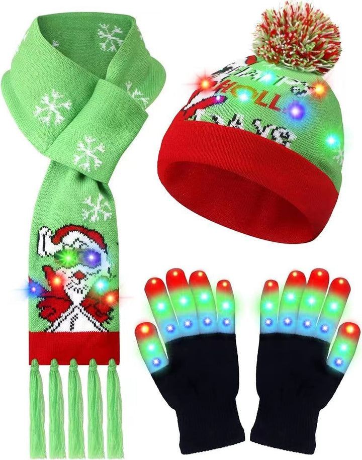 LED Christmas Knitted Hat Scarf Gloves Three-piece Set - Trendex