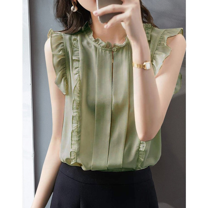 Sleeveless Ruffled Floral Women's Loose Sweet Chiffon Printed Top - Trendex