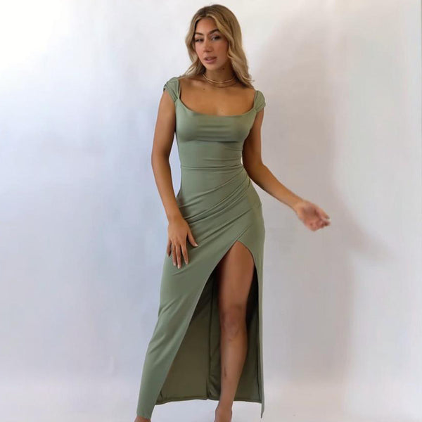 Square Collar Sexy Slit Solid Color Elegant Tied Dress - Trendex
