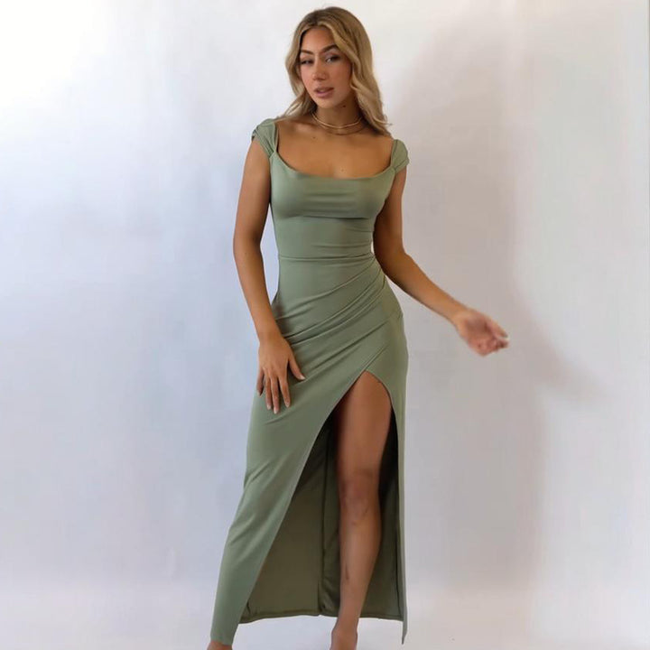 Square Collar Sexy Slit Solid Color Elegant Tied Dress - Trendex