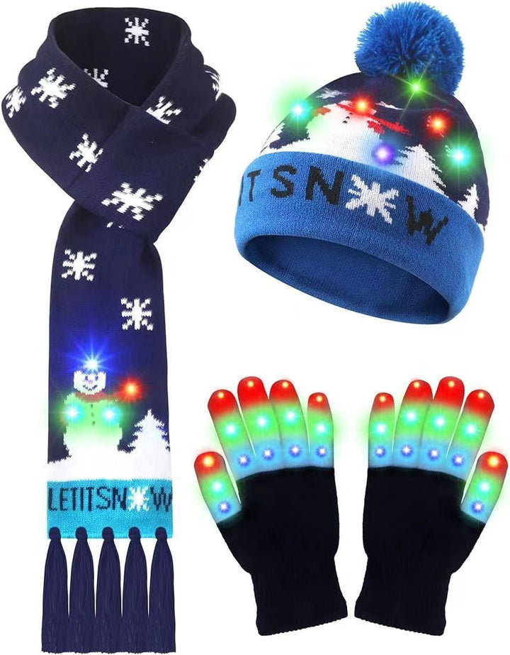 LED Christmas Knitted Hat Scarf Gloves Three-piece Set - Trendex