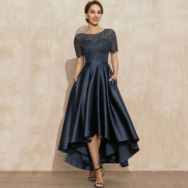 Navy Blue Satin Ball Lace Short Sleeve Dress - Trendex