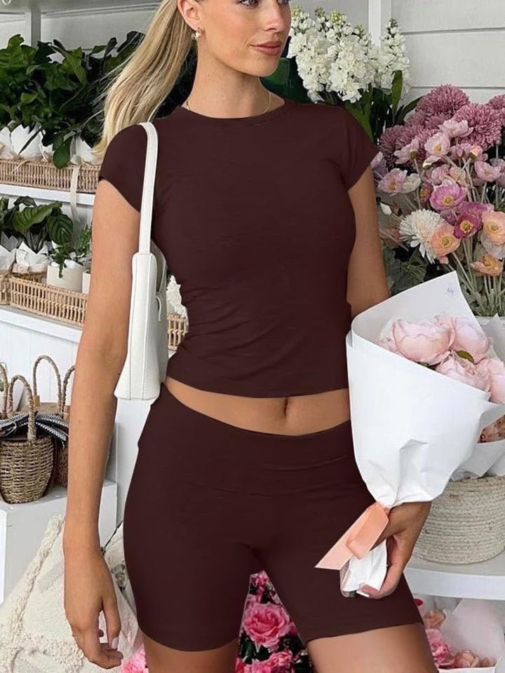 Casual Women's Workout Two-piece Short Sleeve High Waist Fold Bell-bottom Pants Shorts - Trendex