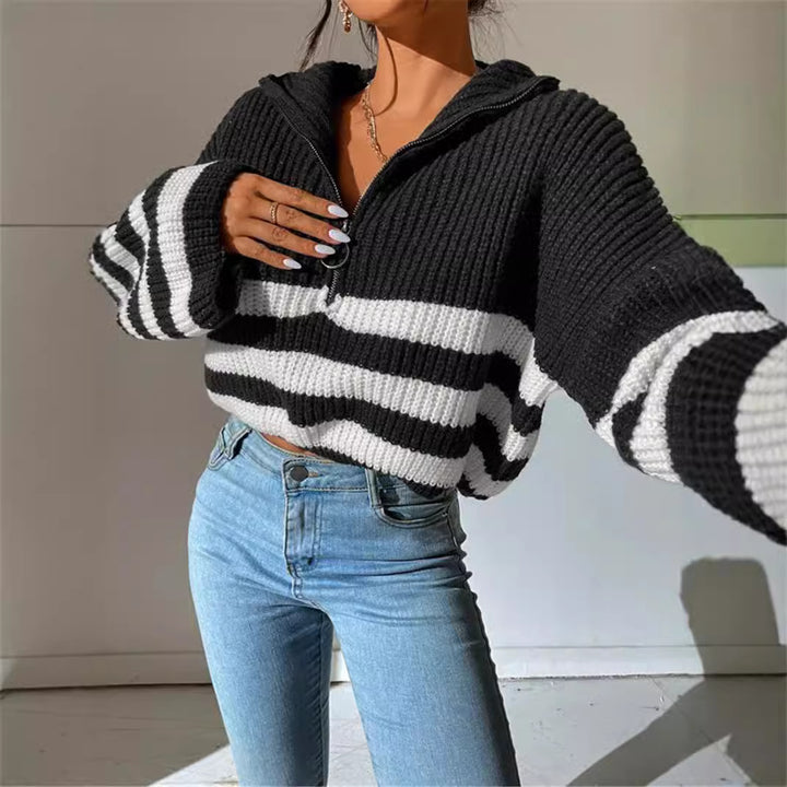 New Striped Contrast Color Stand-up Collar Knitted Pullover Sweater Outerwear Women - Trendex