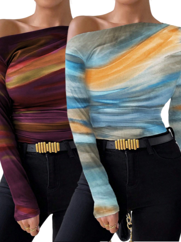 2pcs Print Long Sleeve T-Shirt Graphic Tees Women Tops - Trendex