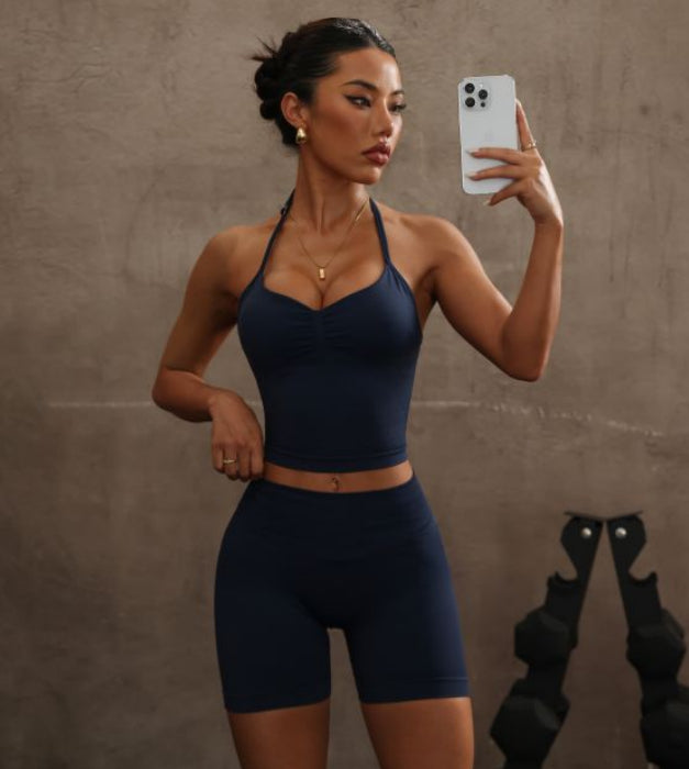 Halter Spaghetti Straps Exercise Vest High Waist Crimp Shorts Suit - Trendex