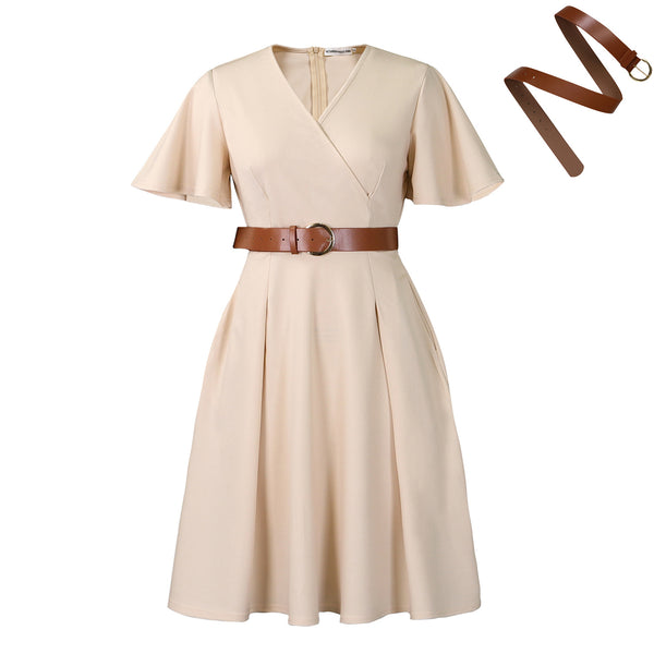 New V-neck Bell Sleeve Casual A- Line Women's Dress - Trendex