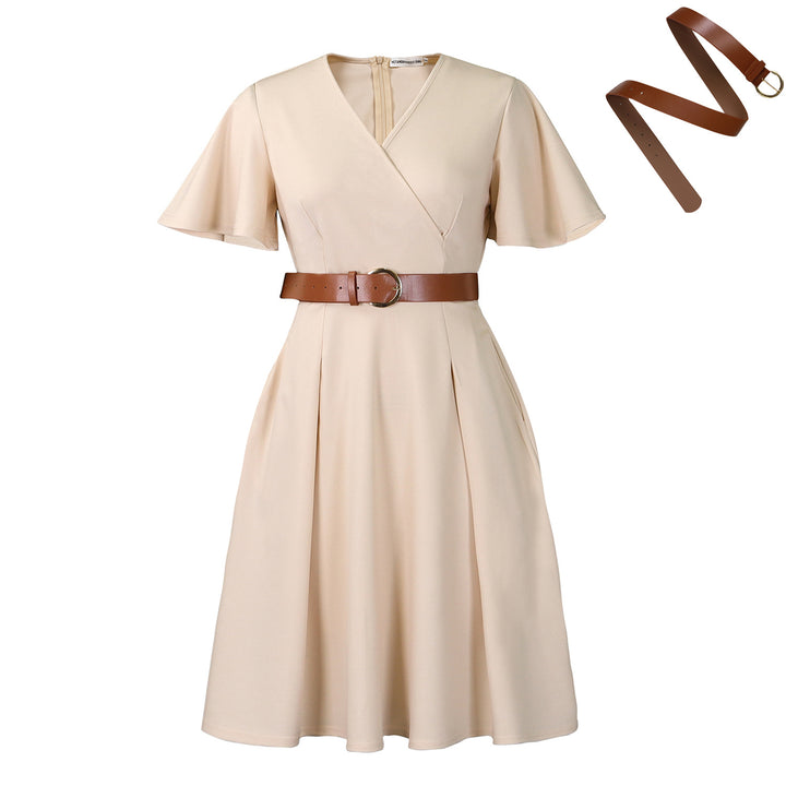 New V-neck Bell Sleeve Casual A- Line Women's Dress - Trendex