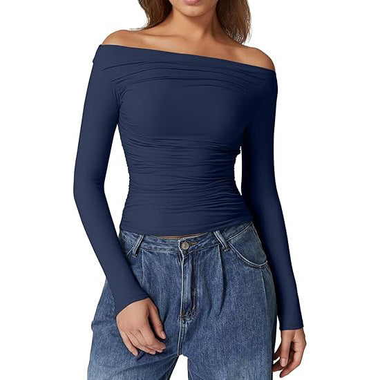 European And American Women's Clothing Top Off-shoulder Long Sleeve T-shirt - Trendex