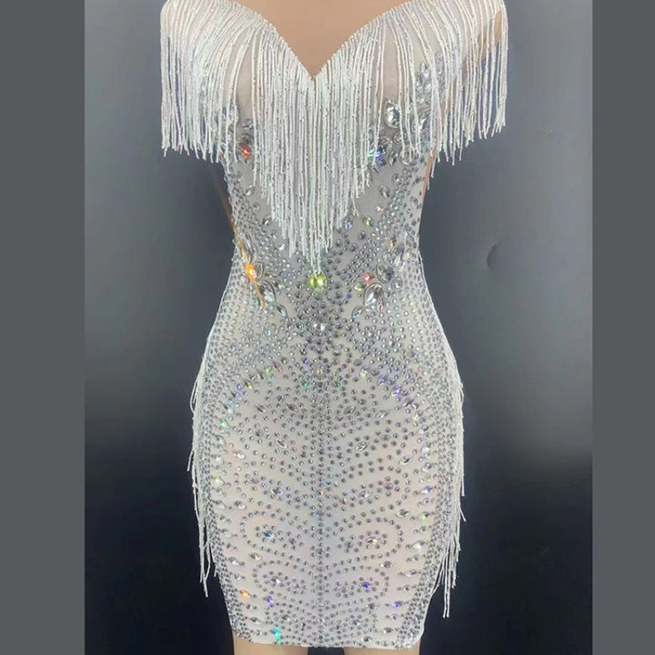 New Lady Wind Goddess Tassel Hanging Neck Dress Heavy Industry Nail Beads Hot Drill Luxury Design - Trendex