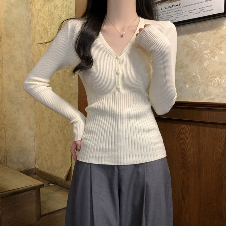 Waist-tight Slimming V-neckline Long-sleeved Women's Temperament Commute Pure Sweater - Trendex