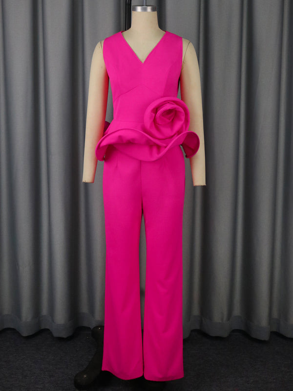 Three-dimensional Flower V-neck Sleeveless Top High Waist Fashion Straight-leg Pants - Trendex