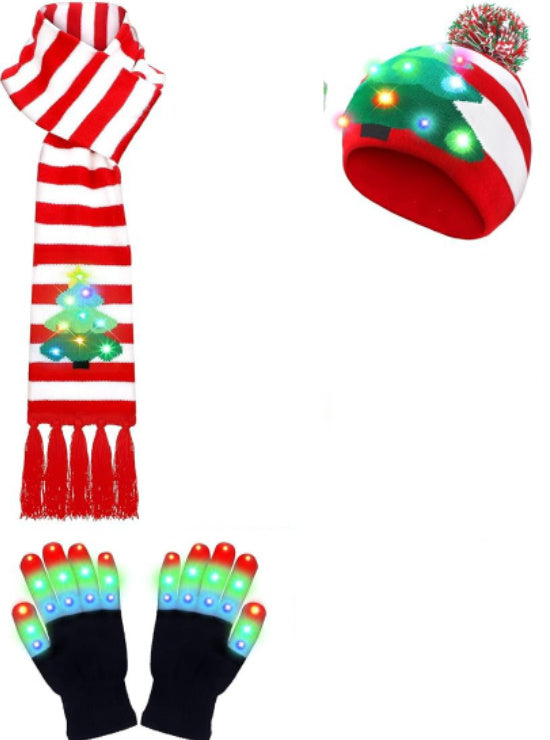 LED Christmas Knitted Hat Scarf Gloves Three-piece Set - Trendex