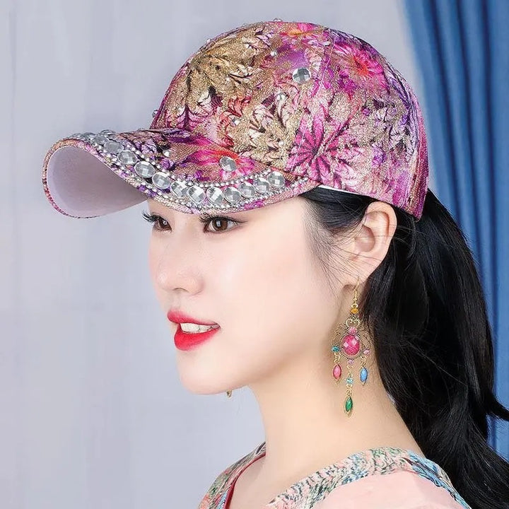 Outdoor Sun Protection Colorful Cat Eye Rhinestone Baseball Cap - Trendex