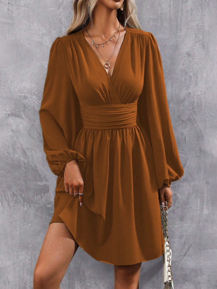 Women's Diagonal Collar Lantern Sleeve Smocking Pleated Waist Dress - Trendex
