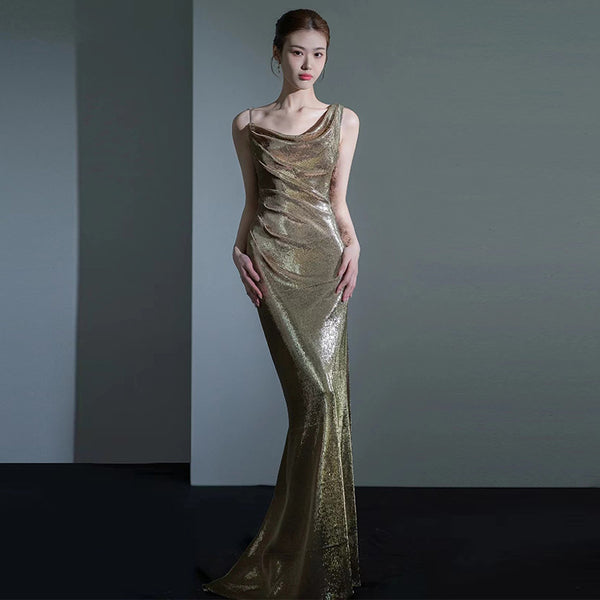 Fishtail Evening Dress For Women Elegant Sequins Annual Meeting Sexy Backless - Trendex