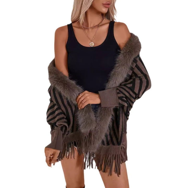 European And American Fall Winter Fashion Striped Tassel Knitted Shawl Cape - Trendex