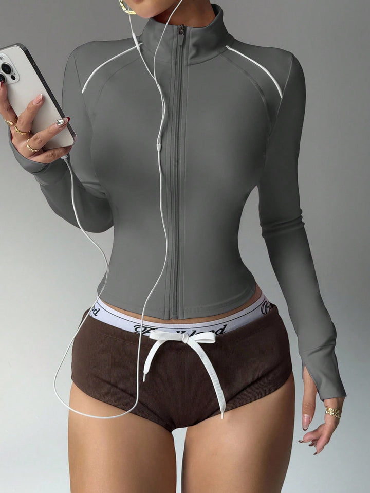 Short Contrast Color Sports Yoga Jacket Fitness Zip Long Sleeve Coat - Trendex