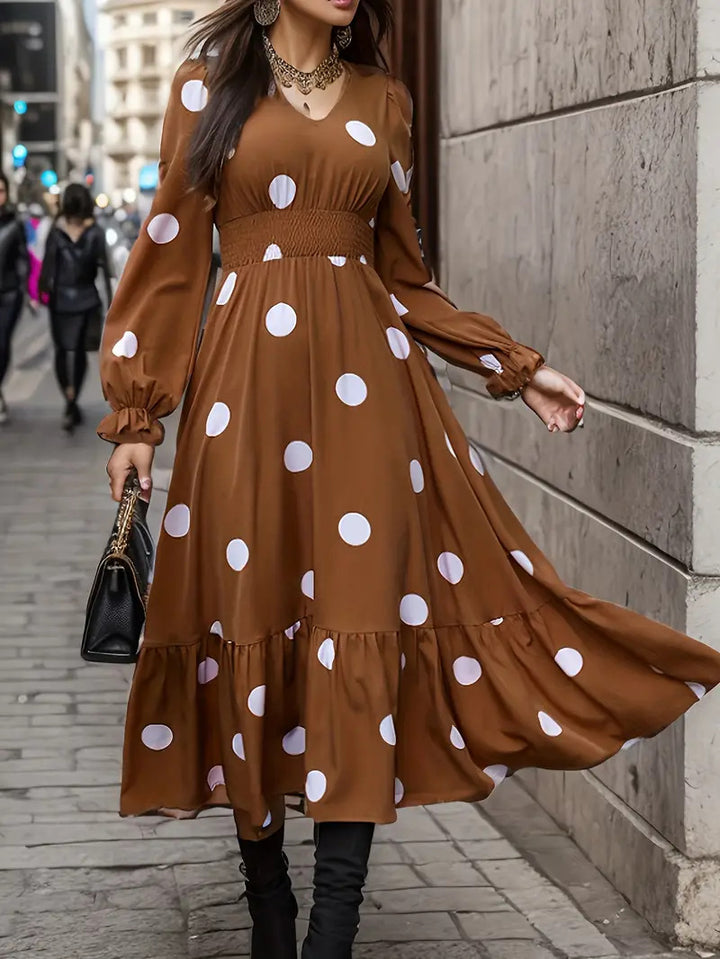 V-neck Long Sleeve Ruffled Hem Dress - Trendex