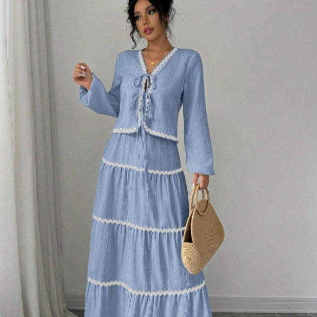 Lace Layered Pleated Lantern Sleeve Bow Shirt And Skirt Suit Women - Trendex