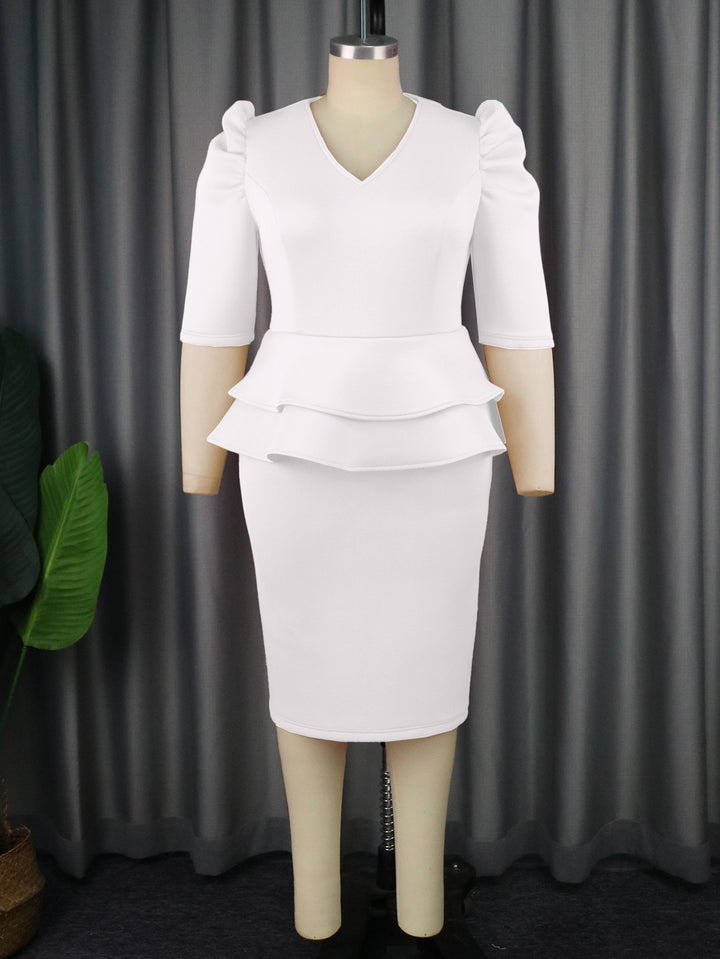Pleated Sleeve Patchwork Meat Covered High Waist Dress - Trendex