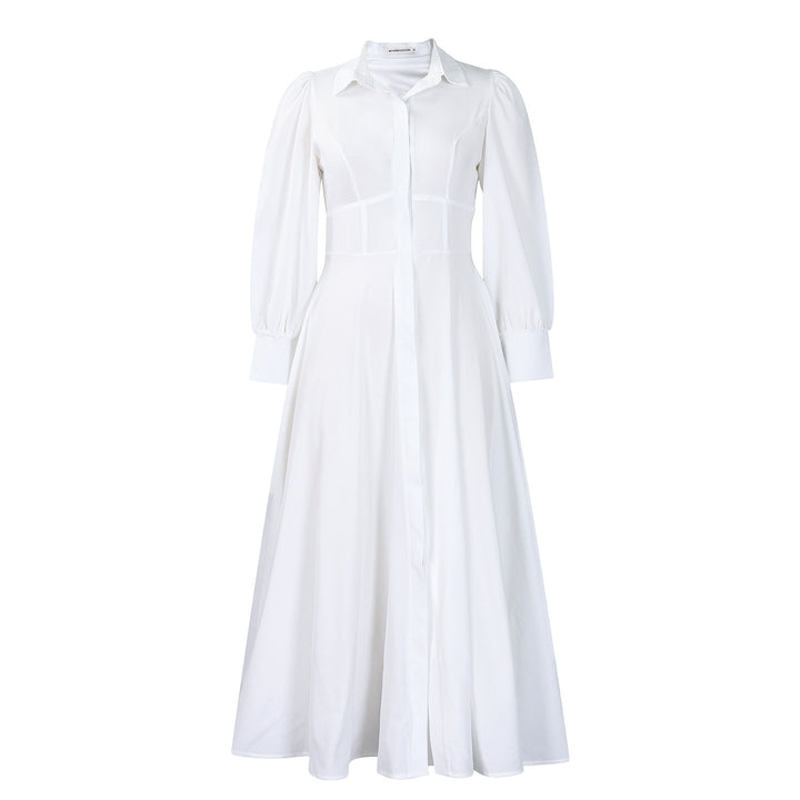 Women's Elegant Long Sleeve Big Hem Shirt Solid Color Dress - Trendex