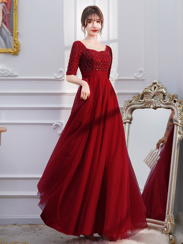 Wine Red Engagement Back Door Evening Dress Female Long Sleeve - Trendex
