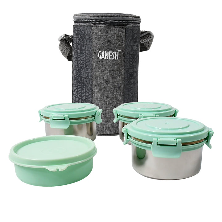8717 4in1tiffin Box-lunch Box  3 Stainless Steel Containers 300 Ml Approx  Plastic Salad Container 200 Ml Approx Plastic Lid Box  Round Zip Bag  Leak Proof  Microwave Safefor Office College And School For Men Women - Trendex