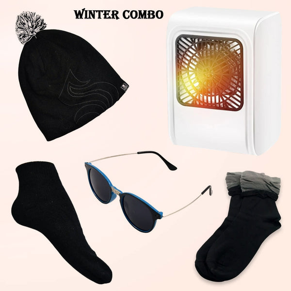 Winter Warm Set- Bennie Hat Room Heater Sunglasses And Socks (5 Pcs Combo) - Trendex