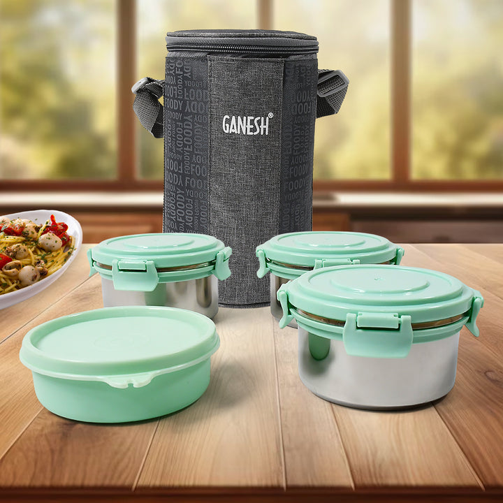 8717 4in1tiffin Box-lunch Box  3 Stainless Steel Containers 300 Ml Approx  Plastic Salad Container 200 Ml Approx Plastic Lid Box  Round Zip Bag  Leak Proof  Microwave Safefor Office College And School For Men Women - Trendex
