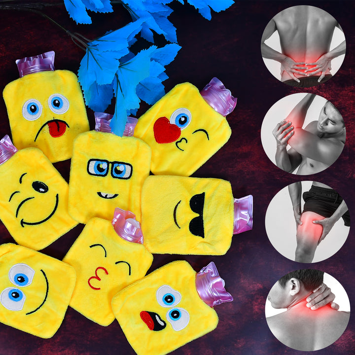 6535 1pc Mix Emoji Designs Small Hot Water Bag With Cover For Pain Relief Neck Shoulder Pain And Hand Feet Warmer Menstrual Cramps. - Trendex