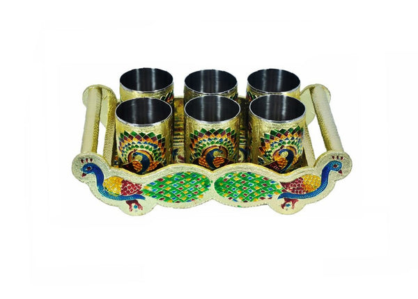 2125 Peacock Design Glass With Handle And Handicraft Serving Tray Set - Trendex