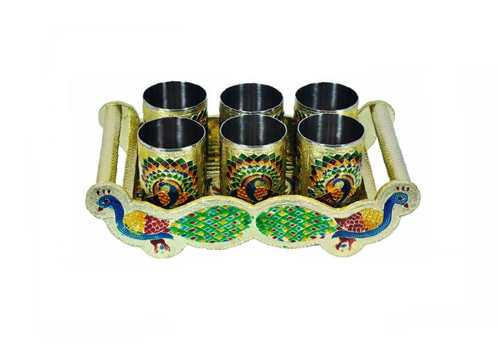 2125 Peacock Design Glass With Handle And Handicraft Serving Tray Set - Trendex